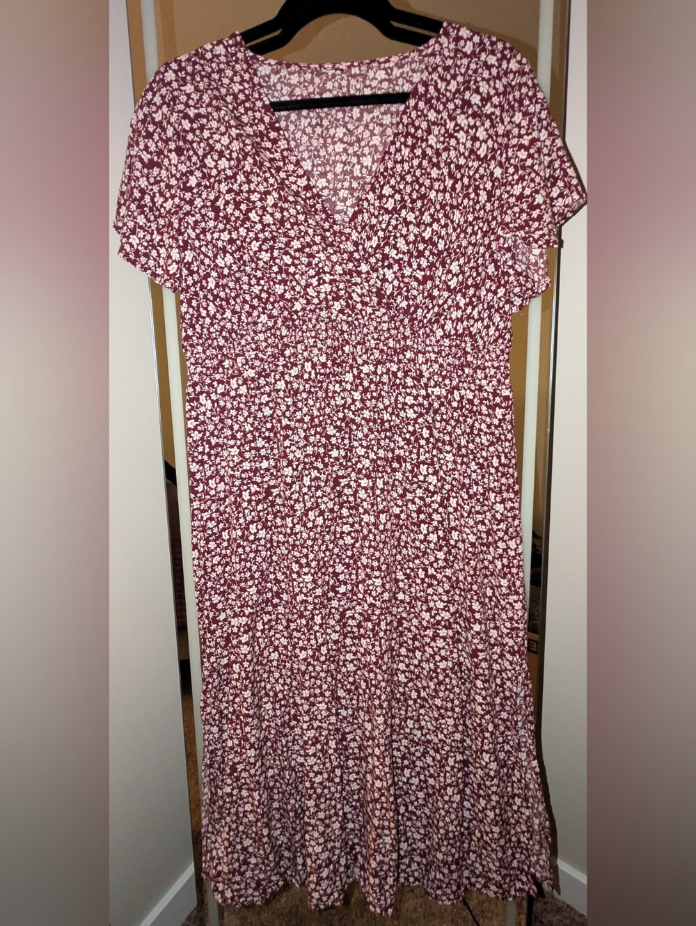 Burgundy Floral Smocked-Waist Dress